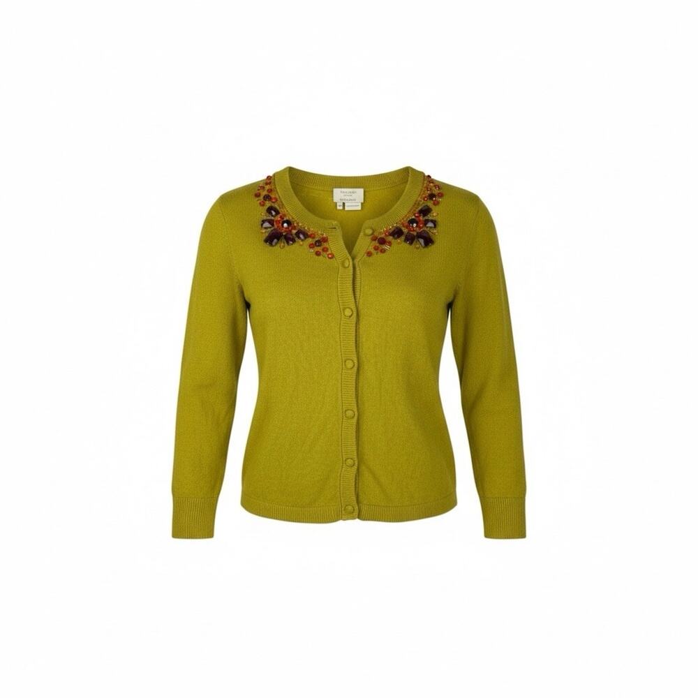 Kate Spade Cashmere Cardigan 3/4 Sleeve Jeweled Lime Green Yellow Size XS